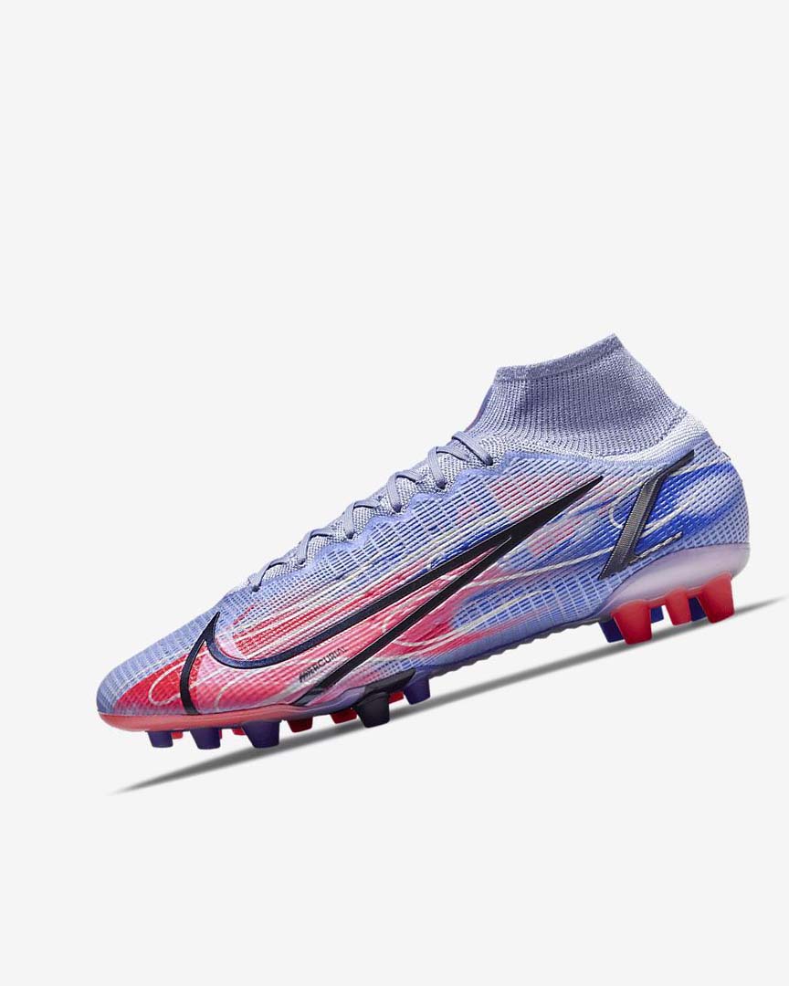 Nike Mercurial Superfly 8 Elite KM AG Fotballsko Dame Indigo Lyse Rød Metal Sølv | NO4786